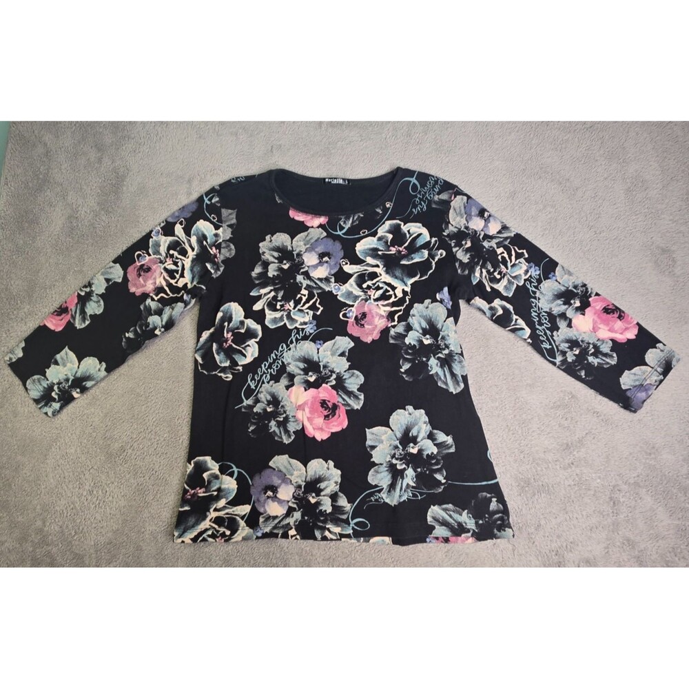 Marietta Shirt Women's Large Flowers Rhinestone Made in USA 100% Cotton Black